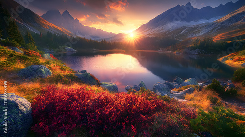 Tatra National Park lake in the mountains at dawn in Poland photo