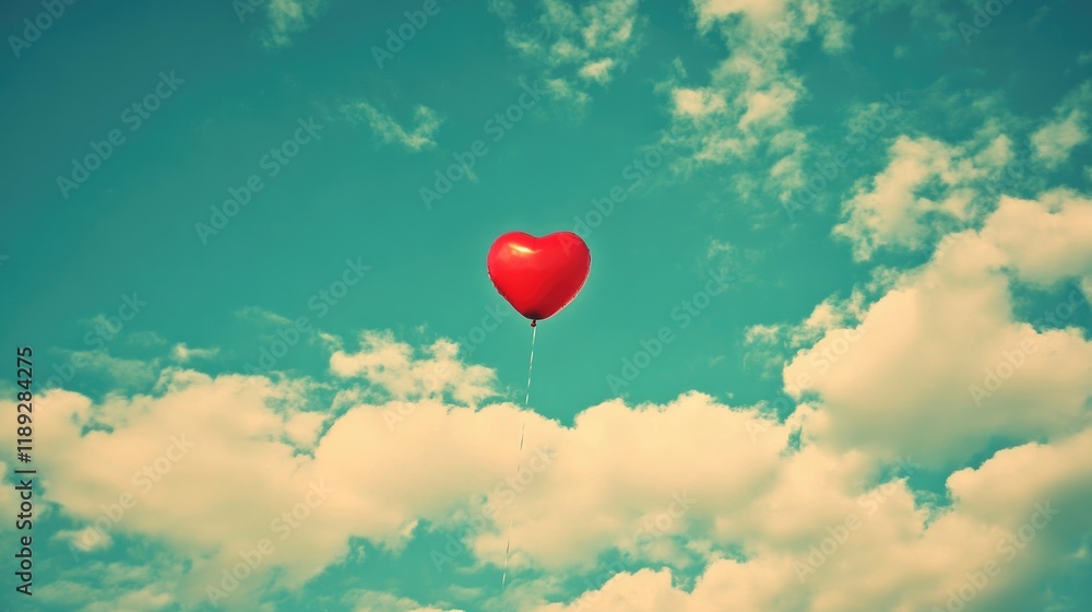 Fototapeta premium A bright red heart-shaped balloon rises gracefully against a backdrop of fluffy clouds and a clear blue sky, celebrating the essence of Valentine's Day