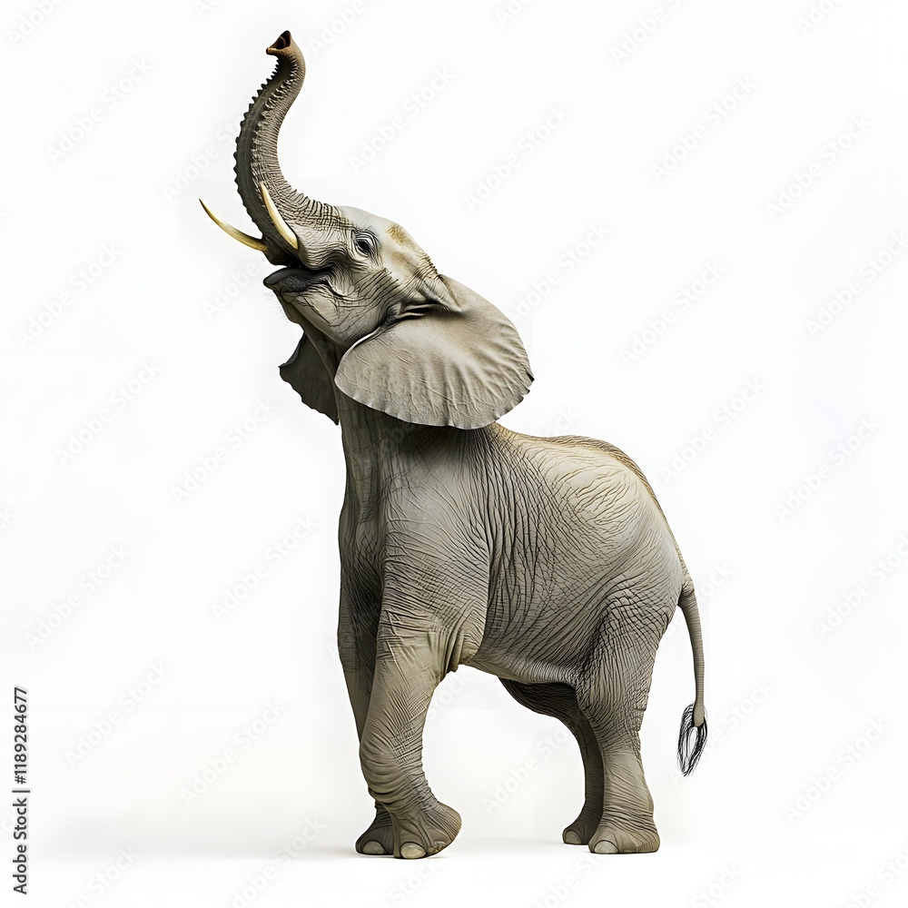 Fototapeta premium Majestic African Elephant Standing on Hindlegs with Trunk Reaching Up Against Soft White Background
