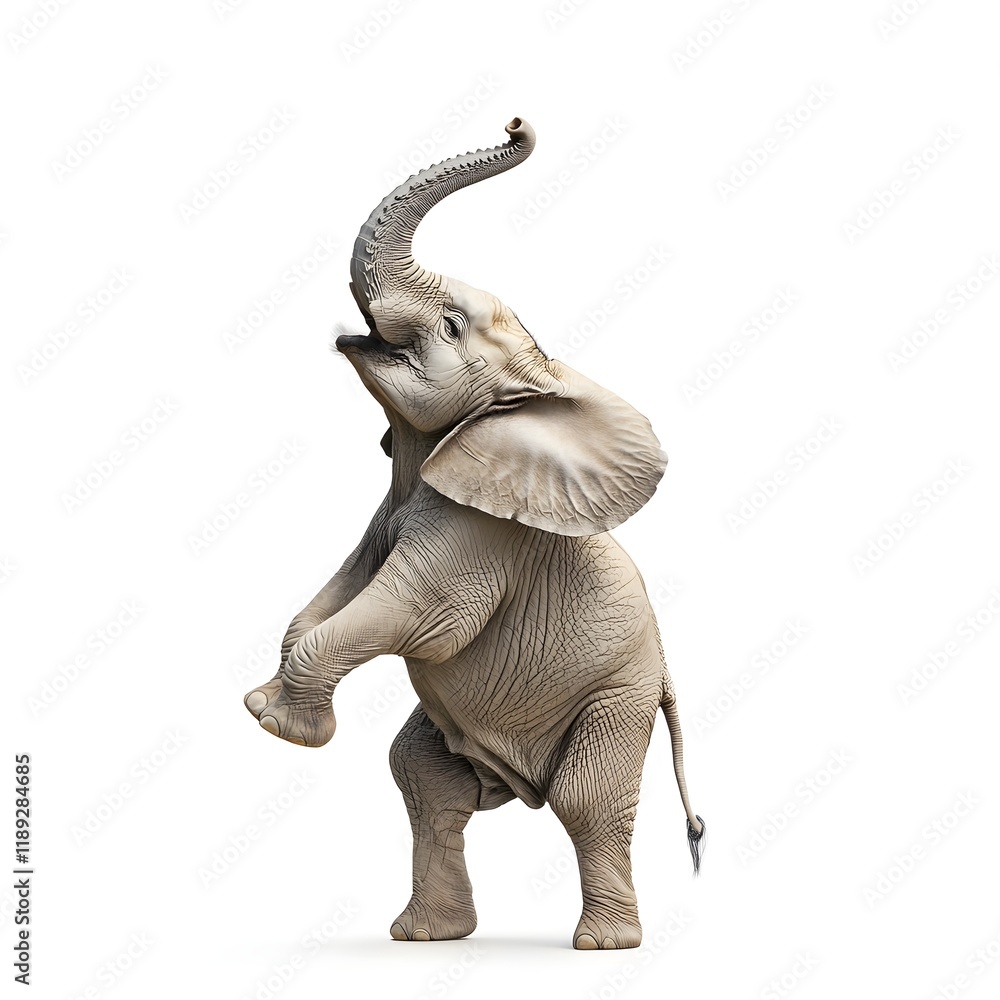 Obraz premium Majestic African Elephant Standing on Hindlegs with Reaching Trunk on White Background