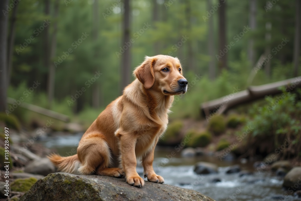 Serene Moment: Brown Dog on Rock in the Forest Serene Moment: Brown Dog on Rock in the Forest