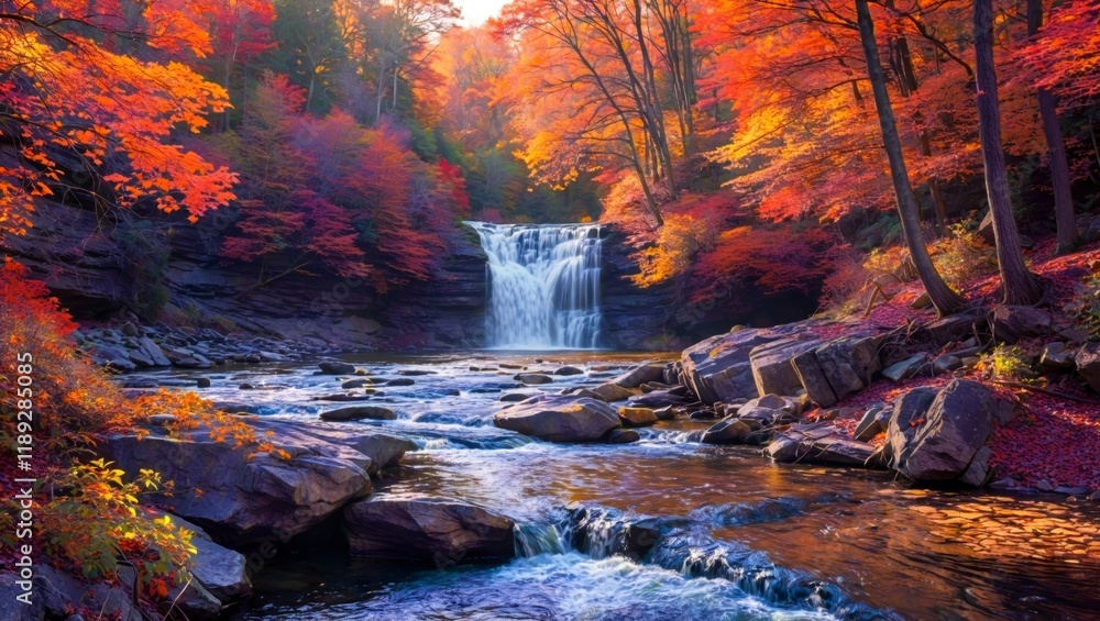 Vibrant autumn forest with cascading waterfall and sunlight Vibrant autumn forest with cascading waterfall and sunlight