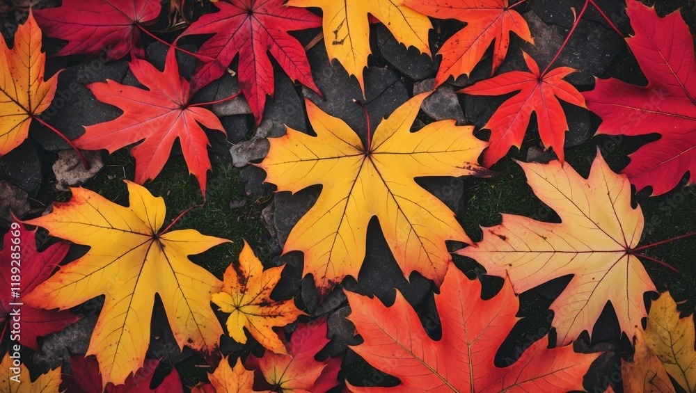 Vibrant autumn maple leaves in red and orange Vibrant autumn maple leaves in red and orange