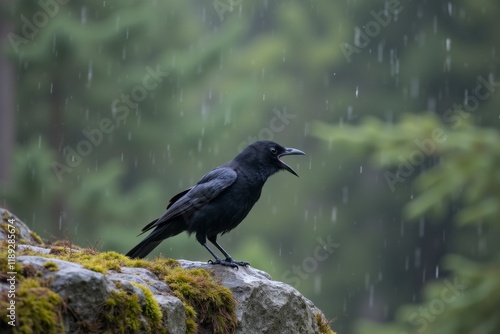 Rainy Forest Cry: Solitary Bird on Moss-Covered Rock