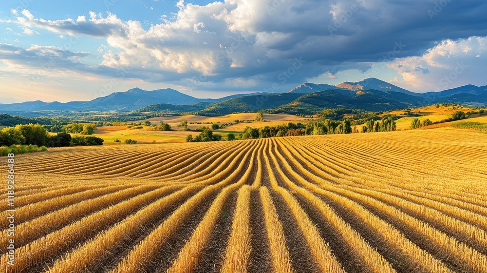 Golden Fields Under a Majestic Sky A Serene Landscape with Rolling Hills and Mountains in the Distance Golden Fields Under a Majestic Sky A Serene Landscape with Rolling Hills and Mountains in the Distance