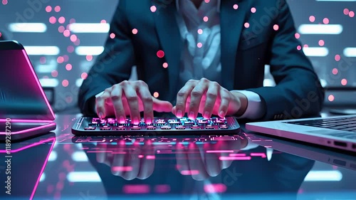 Hands Typing on a Modern Keyboard in a High-Tech Office Setting with Pink Neon Lights and Digital Elements

 photo