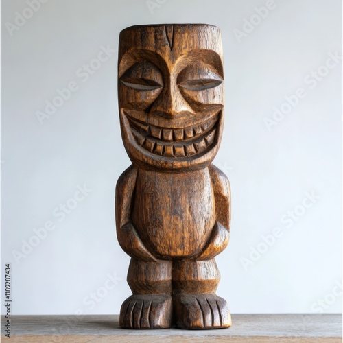 A wooden tiki statue stands on a table