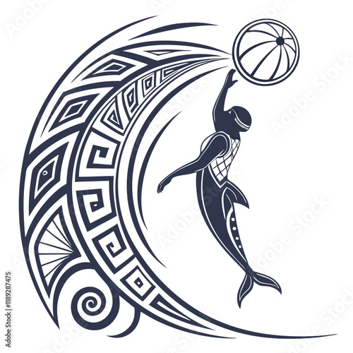 Tribal dolphin with basketball dunking against abstract crescent moon design