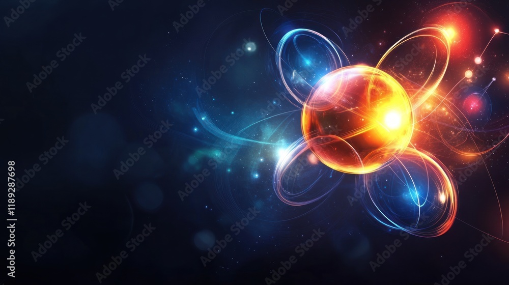 Abstract energetic atom model with swirling lines and glowing orbs. Abstract energetic atom model with swirling lines and glowing orbs.