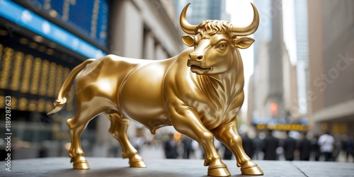 Golden bull statue against stock market background.blurred effect. photo