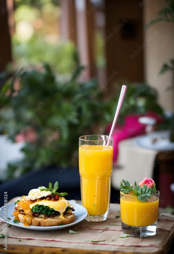 Fototapeta premium glass of orange juice and breakfast heart eating concept 