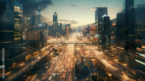 A photo of a cityscape with bustling traffic