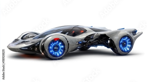 Futuristic silver sports car, studio shot, glowing wheels, white background, concept design photo