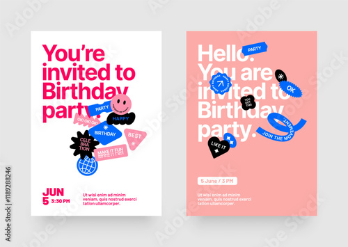 Birthday party invitation layout template. Design with colorful eye catching typography for your flyer, cover, poster, brochure or banner.