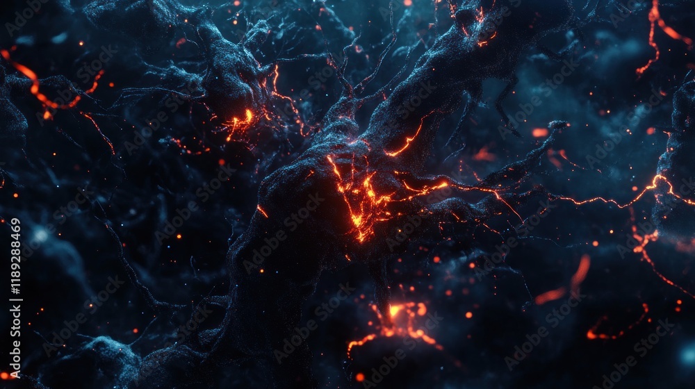 Abstract fiery magma flowing through dark, textured landscape. Abstract fiery magma flowing through dark, textured landscape.