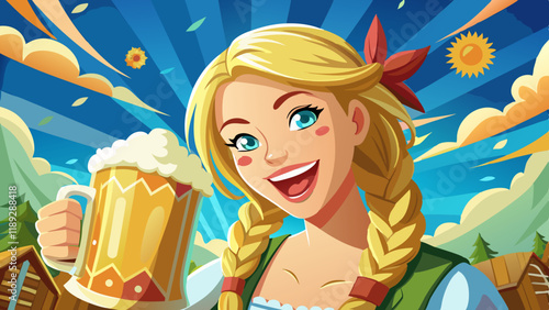 Oktoberfest Cheers in the Sun. Woman with Beer Stein. A close-up of a young woman with blonde hair and fair skin, holding large beer stein and smiling