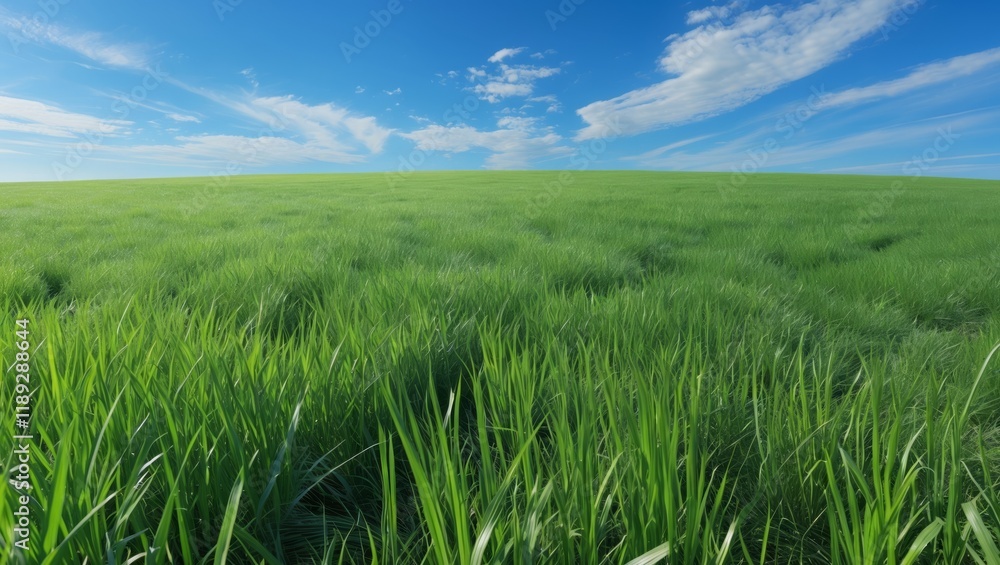 Vibrant green grass field under clear blue sky Vibrant green grass field under clear blue sky