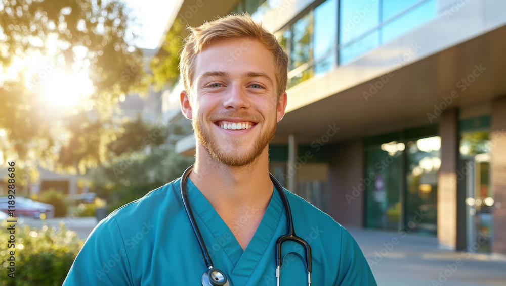 Portrait Of Male Doctor Or Nurse Wearing Scrubs At Work Standing Outside Modern Hospital
Portrait Of Male Doctor Or Nurse Wearing Scrubs At Work Standing Outside Modern Hospital