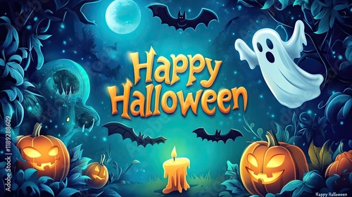 Halloween greeting card with ghosts, bats, pumpkins, and a lit candle in a mystical forest background photo