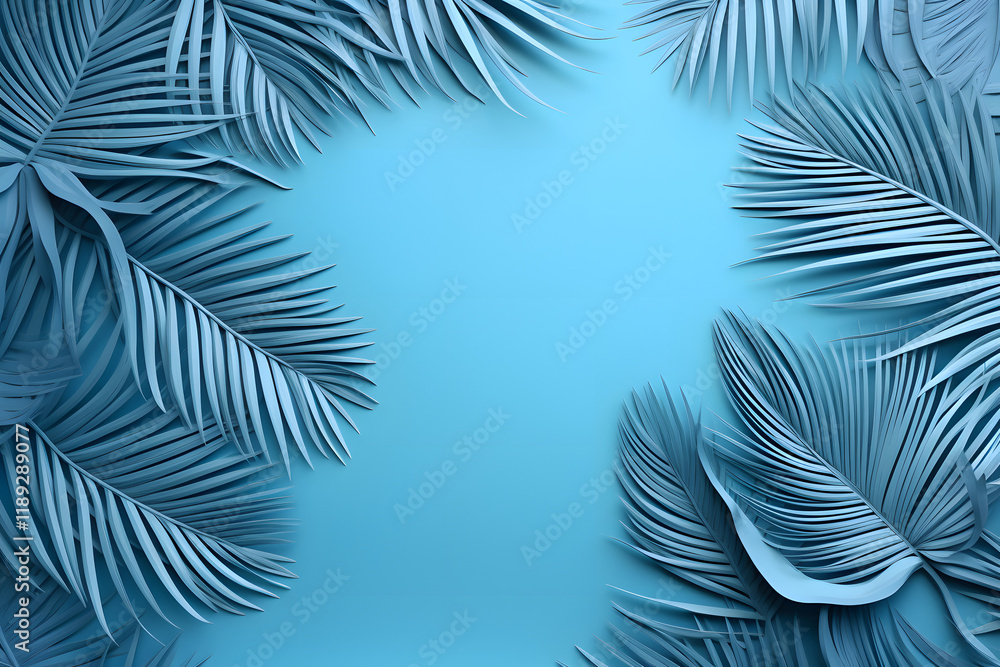 A Beautiful composition with pink palm leaves on blue background A Beautiful composition with pink palm leaves on blue background
