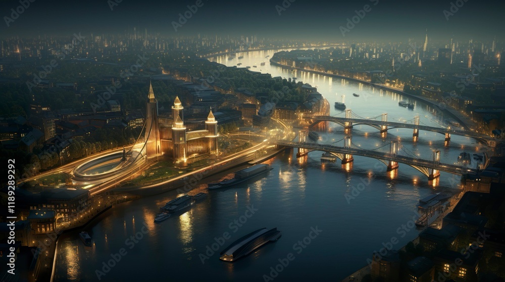 A photo of a cityscape with illuminated bridges