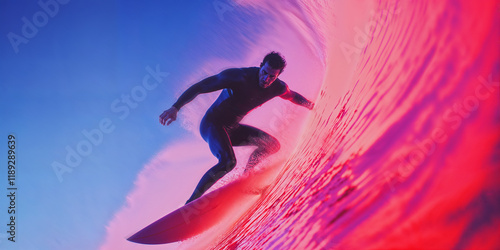 action shot of a professional surfer carving a glowing wave in stunning pink, red, and blue hues, blending bold motion and aesthetic energy, perfect for sports and artistic visuals photo