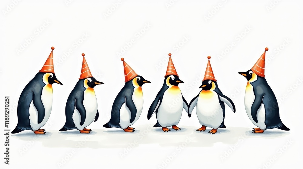 Obraz premium Celebrating penguin day festive penguins in hats fun event bright atmosphere cheerful gathering
