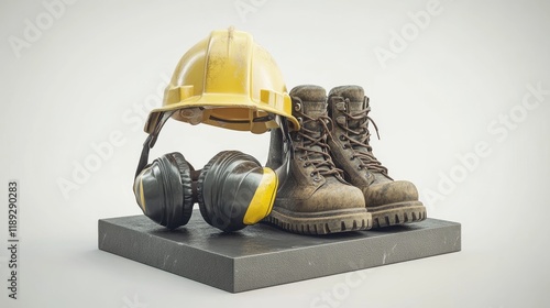 Safety Gear Helmet, Boots, Earmuffs on Stone; Construction Site Background