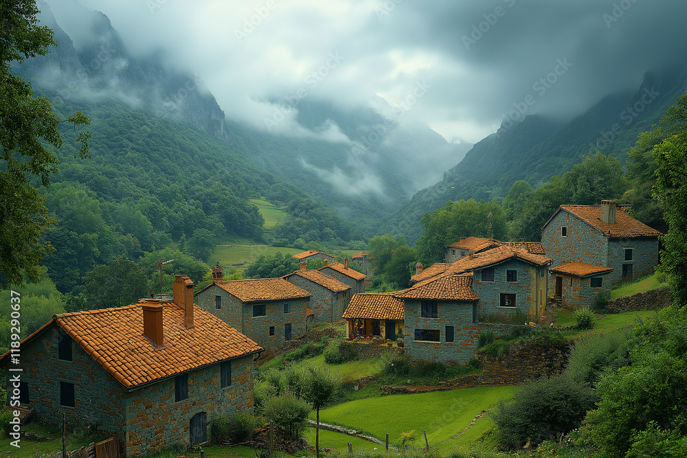 Fototapeta premium Photo réaliste d’un village isolé dans une vallée escarpée avec maisons en pierre et champs en terrasses