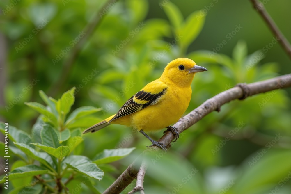 Vibrant Yellow Bird Perched on a Branch Among Green Foliage Vibrant Yellow Bird Perched on a Branch Among Green Foliage
