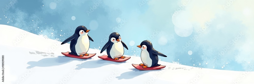 Obraz premium Playful penguins sliding on snowy hills for penguin day celebration winter wonderland animated viewpoint