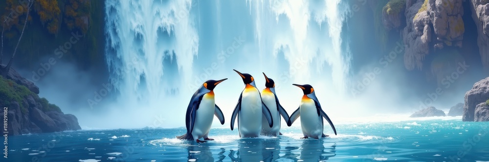 Fototapeta premium Penguin day celebration in nature waterfall background animals playing wildlife adventure scenic view