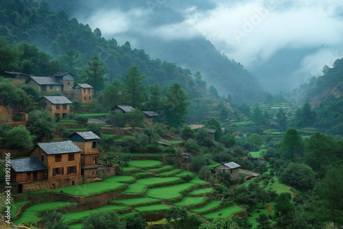 Wallpaper Mural Photo réaliste d’un village isolé dans une vallée escarpée avec maisons en pierre et champs en terrasses Torontodigital.ca
