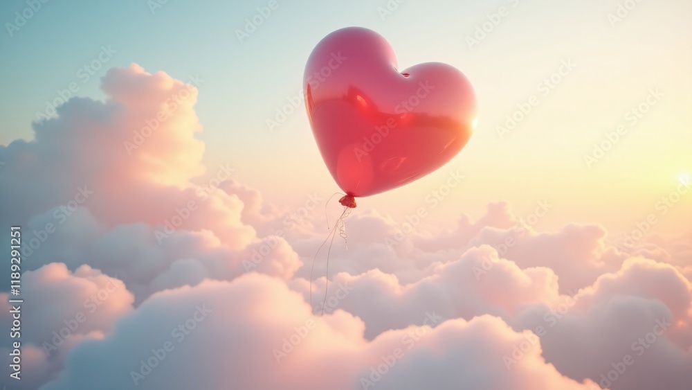 Obraz premium A glossy heart floats like a balloon amidst pastel clouds, symbolizing joy and love’s uplifting nature. Golden sunlight and a dreamy horizon enhance this whimsical, serene scene.