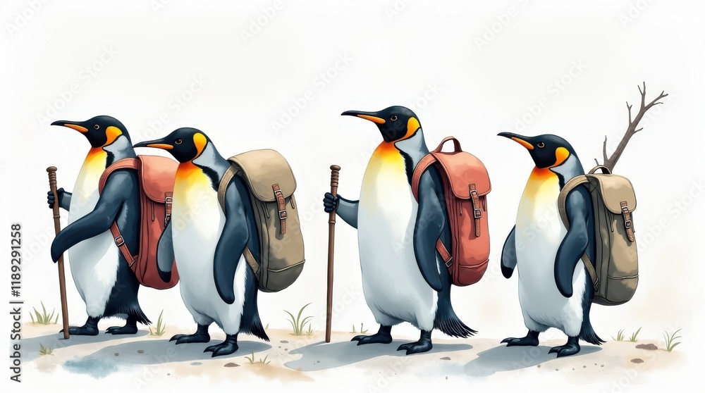 Fototapeta premium Penguin day celebration hiking penguins on a nature trail outdoor adventure fun concept
