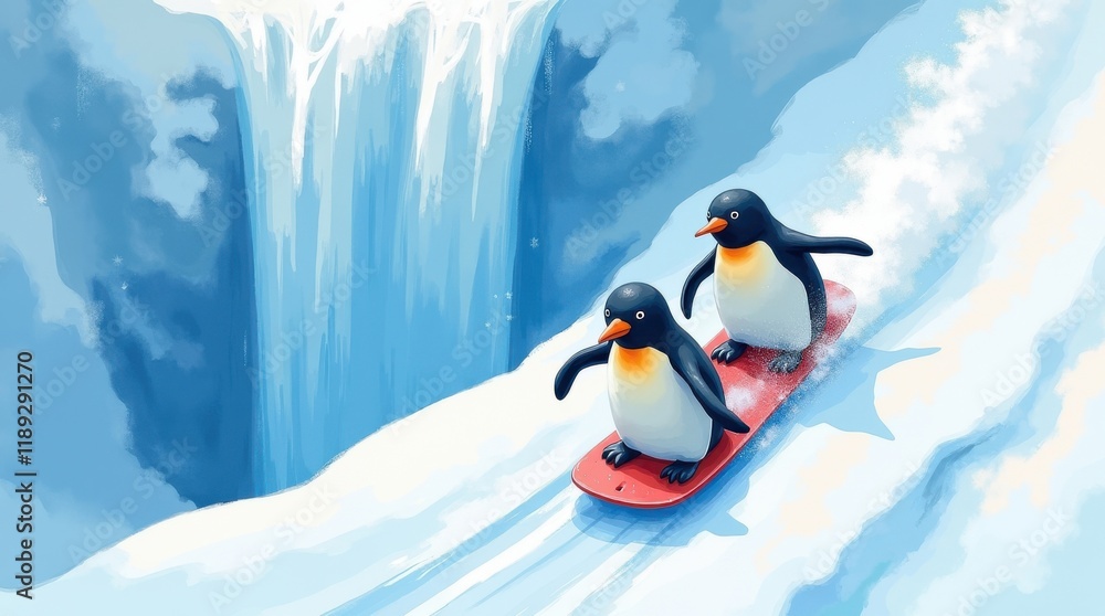 Obraz premium Penguin day adventure snowboarding penguins at a frozen waterfall in a winter wonderland
