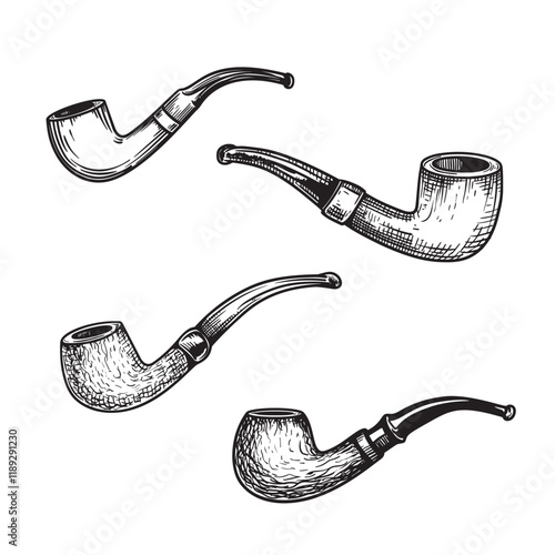 Tobacco pipes sketch set. Hand drawn vintage smoking accessories collection. Vector illustrations isolated on white.