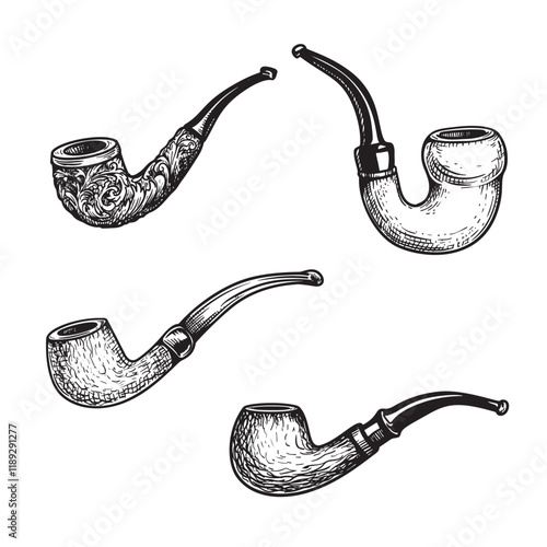 Tobacco pipes sketch set. Hand drawn vintage smoking accessories collection. Vector illustrations isolated on white.