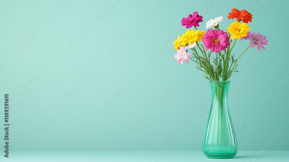 Fototapeta premium Vibrant Cosmos Flowers in Teal Glass Vase Minimalist Spring Bouquet Still Life