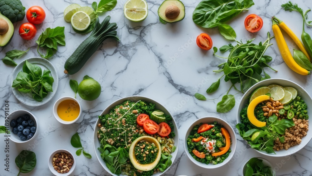 Vibrant plant based meal on marble countertop Vibrant plant based meal on marble countertop