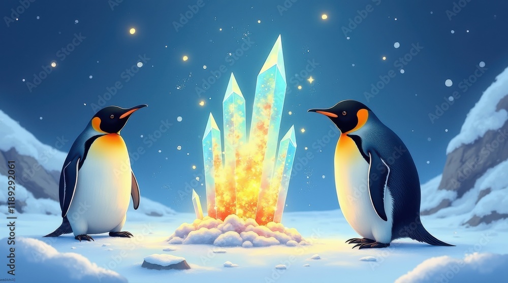 Fototapeta premium Penguin day celebration icy landscape digital art winter wonderland whimsical view chill vibes