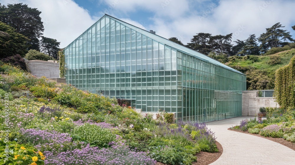 Obraz premium Modern glass greenhouse botanical garden hillside path