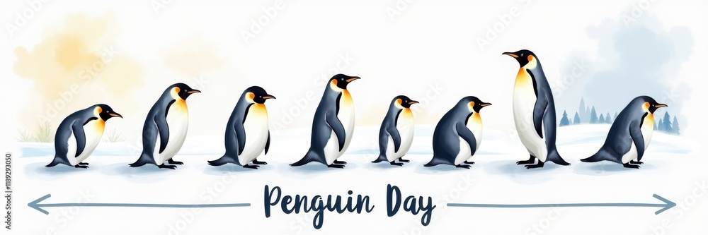 Fototapeta premium Celebrating penguin day spectacular penguin gathering in icy landscape fun illustration in a whimsical style