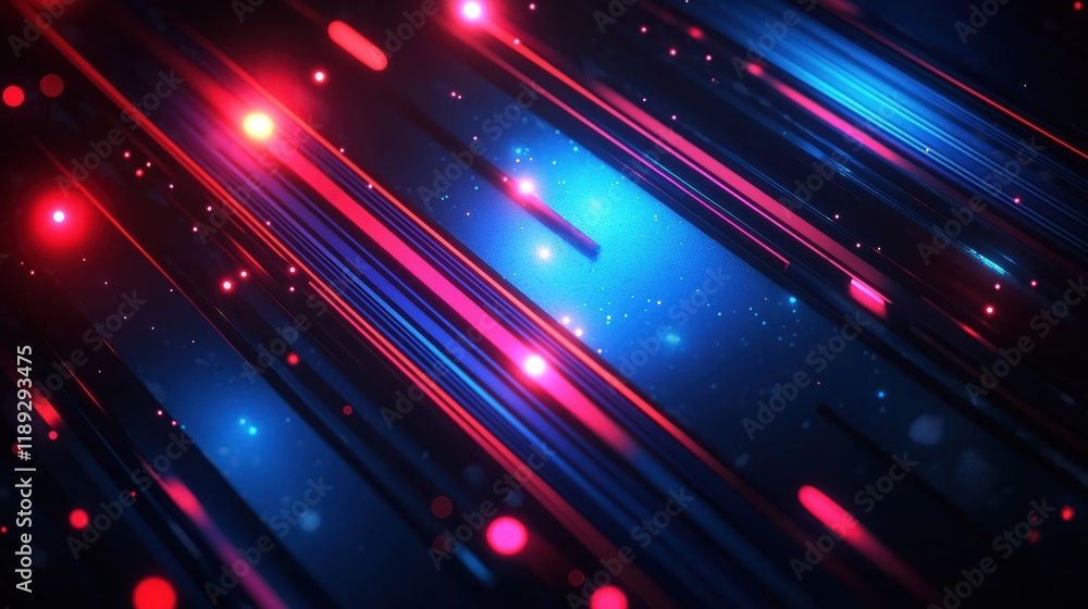 Abstract futuristic design with dynamic overlapping layers of blue, red. Diagonal stripes create sense of motion, energy. Bright glowing circles, points add depth, visual interest. Dark background Abstract futuristic design with dynamic overlapping layers of blue, red. Diagonal stripes create sense of motion, energy. Bright glowing circles, points add depth, visual interest. Dark background