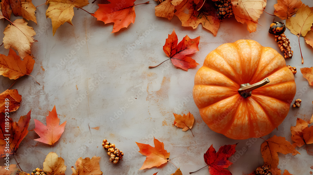 A Thanksgiving message is adorned with autumn leaves and a bright orange pumpkin. A Thanksgiving message is adorned with autumn leaves and a bright orange pumpkin.