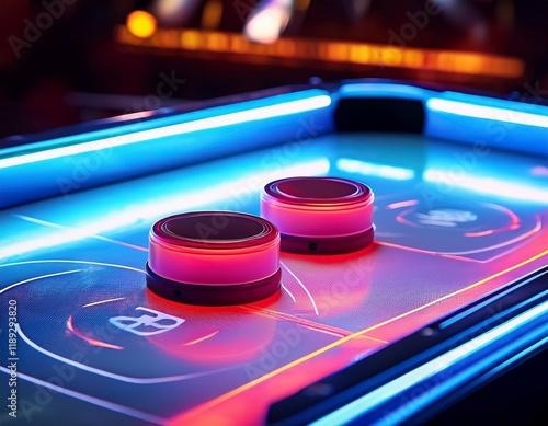 illuminated air hockey pucks on table with vibrant neon lights photo