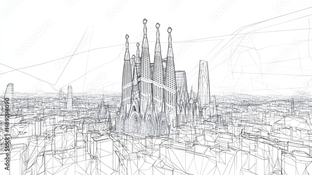 Obraz premium 3D wireframe vector illustration of Barcelona city featuring the Sagrada Familia. concepts like architectural visualization, cultural heritage, urban design, tourism and artistic representat