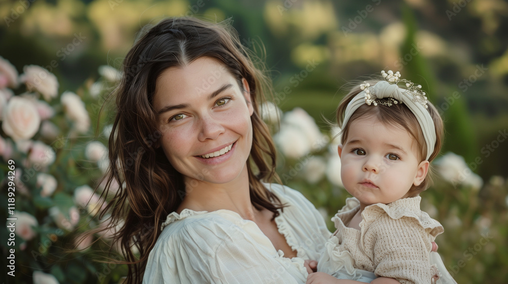 A mother lovingly holds her infant daughter in a beautiful rose garden, both radiating warmth and affection A mother lovingly holds her infant daughter in a beautiful rose garden, both radiating warmth and affection