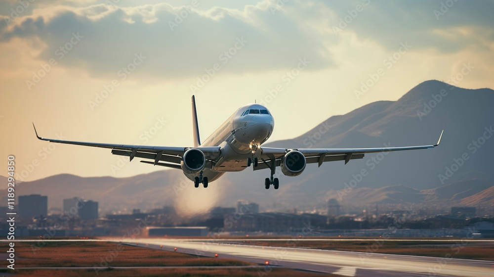 A photo of a commercial jet taking off A photo of a commercial jet taking off