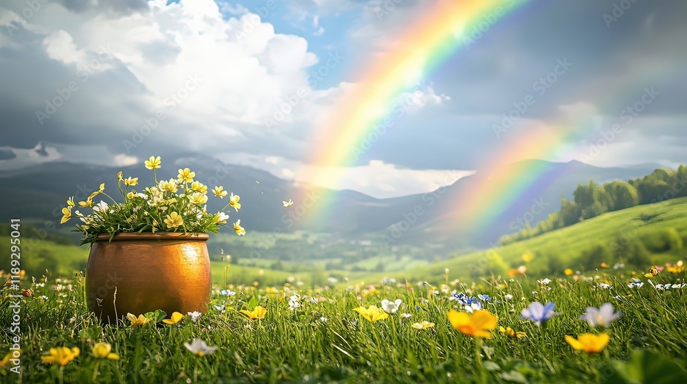 custom made wallpaper toronto digitalPot of flowers in meadow with rainbow and mountains